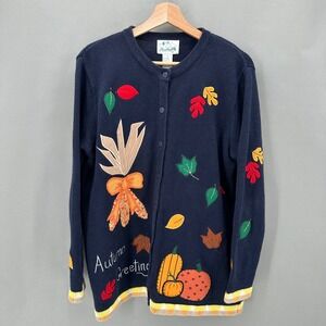 Vintage The Quaker Factory Autumn Greetings Navy‎ Cardigan Womens M Embroidered